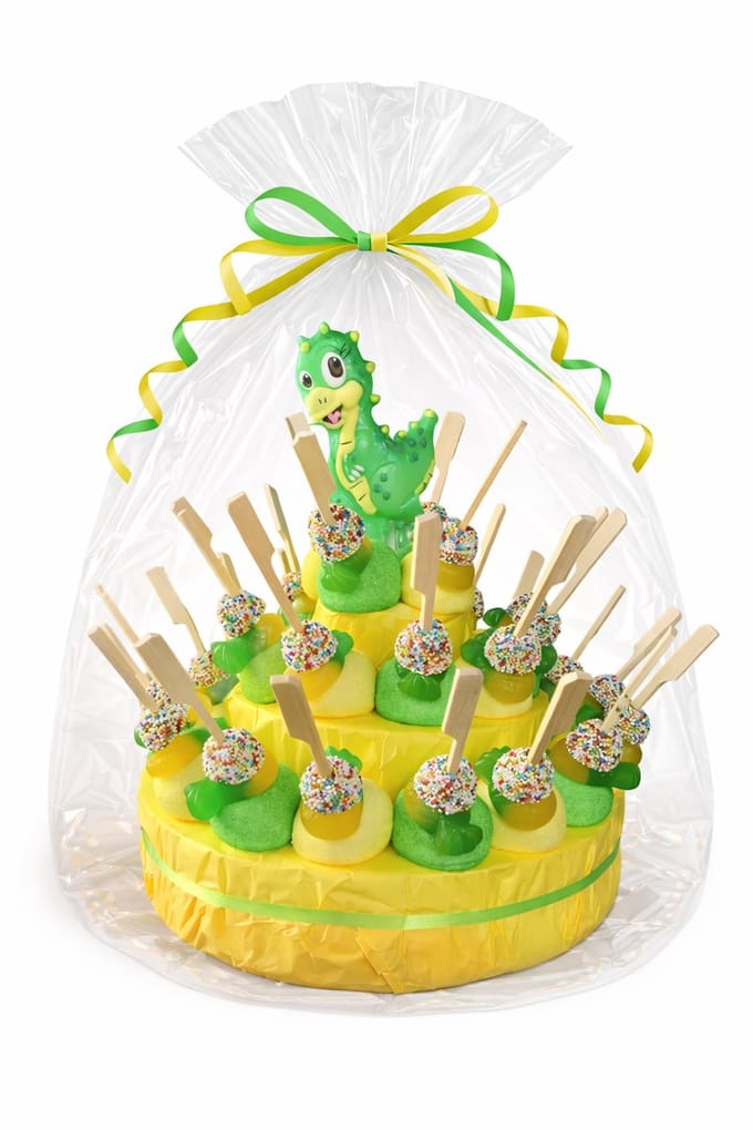 Traktatie Snoeptaart - Dino - Kinderfeest - Verjaardag - 30 traktaties - In cadeauverpakking met gekleurd krullint
