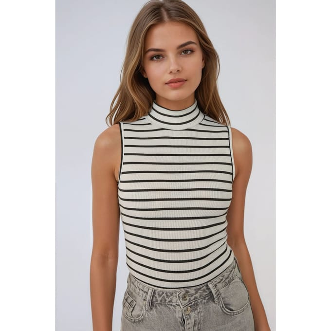 Gestreepte Half Col Mouwloze Getailleerde Brei Top