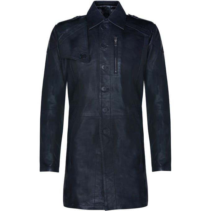 Zachte lange militaire trenchcoat van noodlijdend leer