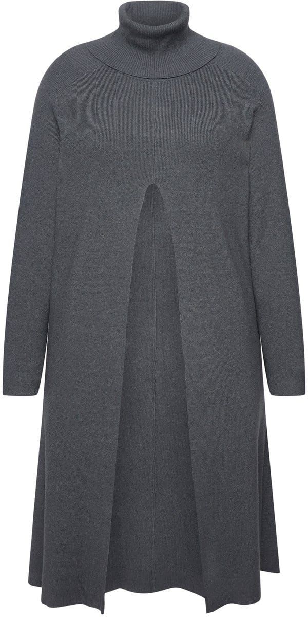 Ulla Popken - Dames - Lange pullover A-lijn opstaande kraag lange mouwen - Grafietgrijs - Maat 58+