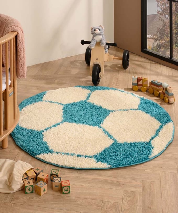 Voetbal vloerkleed rond - Sports crème/turquoise 100