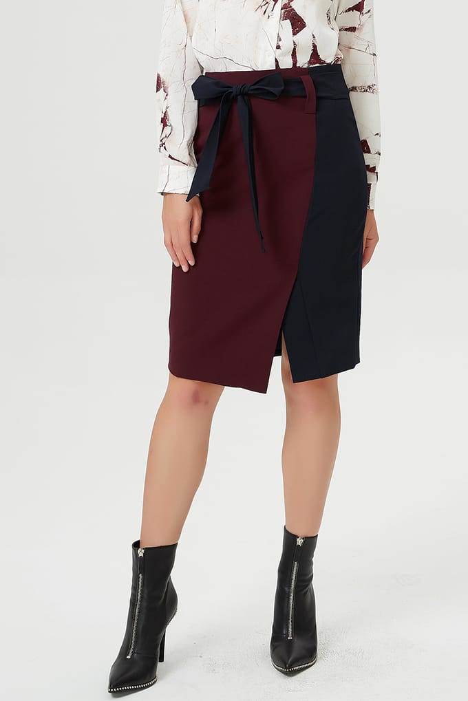 Asymmetrische kleurblokrok rok met knoopriem