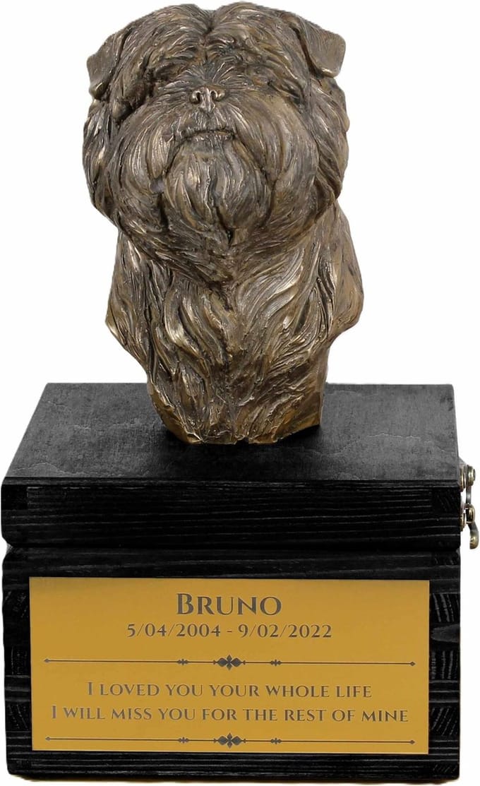 Handgemaakte urn Affenpinscher met hondensculptuur en gravure