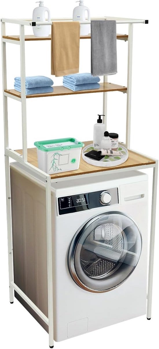 3-Laags Wasmachine & Droger Opbergrek - Ruimtebesparend Badkamerstelling met Houtlook