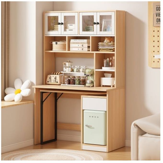 Bureau armoire - Blanc naturel - 180 cm - Espace de rangement polyvalent - Portes en acrylique wit