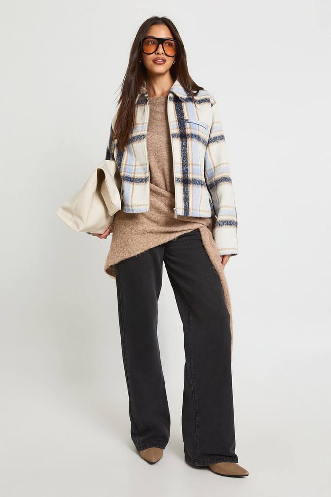 boohoo Dames Geruite Zip Wollen Look Jas | Blauw | Maat: 36