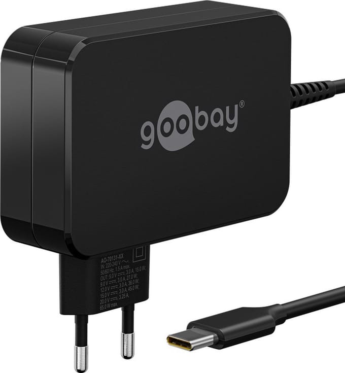Goobay USB-C laptopoplader 65 W zwart met Power Delivery snellaadfunctie en 1,8 m kabel, voor notebooks van Apple, Samsung, Lenovo en HP