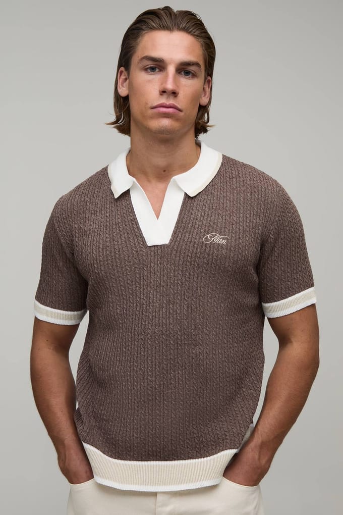 Heren Boxy Kabel Geborduurde Gebreide Polo | Brown | Size Small