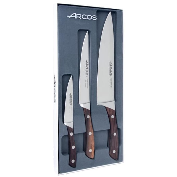 Coffret 3 couteaux - ARCOS - Natura - Lame NITRUM® forgée - Manche bois de rose - 100/160/200 mm