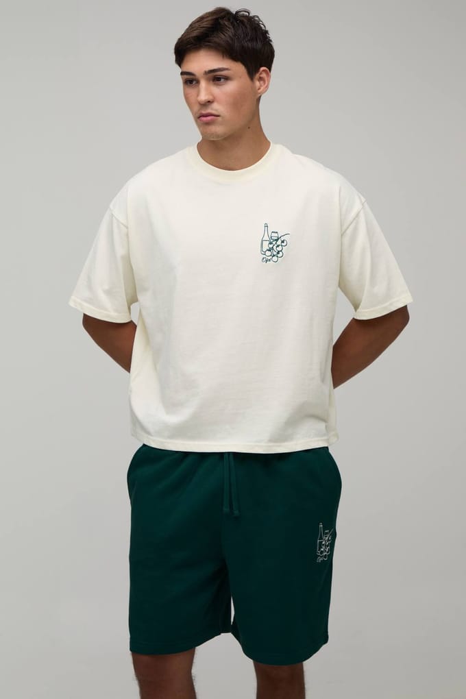 Oversized Boxy T-shirt Met Wijnborduursel & Wijde Korte Broek Set | Forest | Size Medium