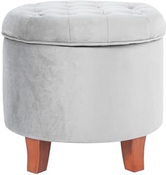 Moderne ronde tufted opbergvoetenbank in grijs fluweel