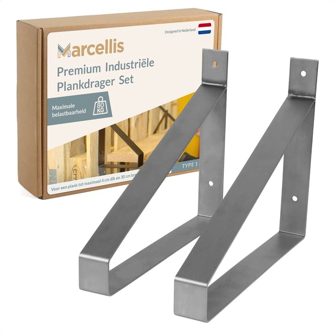 Marcellis - 2x Industriële plankdrager XL - Voor plank 30cm + schroefset - roestvrij staal - T1