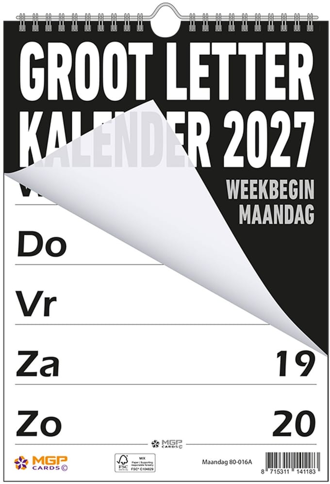 MGPcards - Grootletter kalender - 2027 - Week begint op maandag - 21 x 34 cm - Zwart