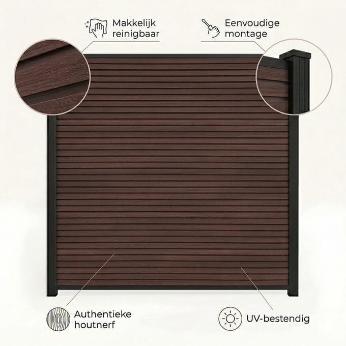 Schutting - Donker eiken - Composiet schutting - Aluminium palen - COMPLETE SET schuttingdeel met 1 multipaal