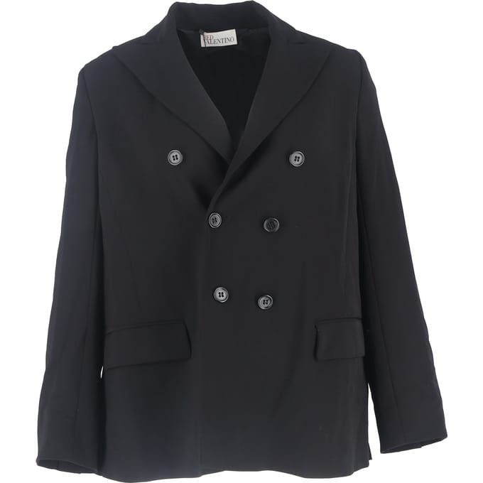 RED Valentino Double-Breasted Back Pleated Blazer in Black Wool