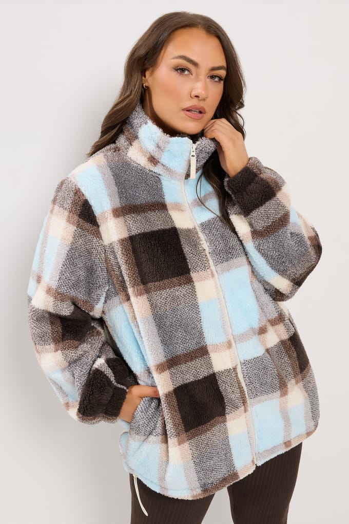 Yours Bruine Geruite Fleece Met Ritssluiting Size 48