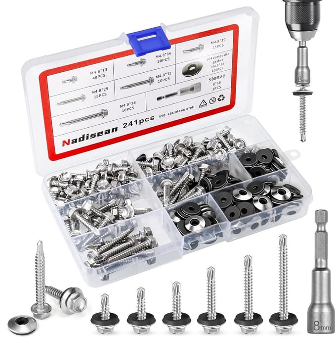 Complete Set van 241 Stuks Zelftappende Schroeven, RVS M4.8, Inclusief Moeren en Wasters voor Plaatstaal en Dakconstructies