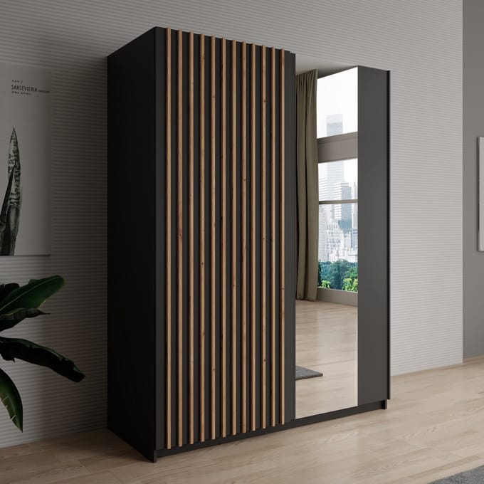 Meubella - Kledingkast Deliryon - Zwart - 150 cm - Met spiegel