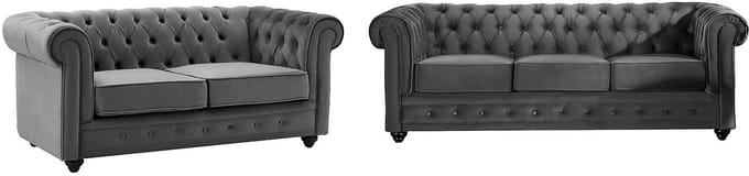 Vente-unique Drie- en tweezitsbank van antracietkleurig velours CHESTERFIELD