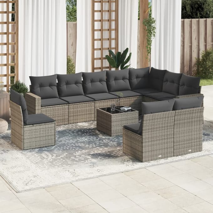 vidaXL - 11-delige - Loungeset - met - kussens - poly - rattan - grijs
