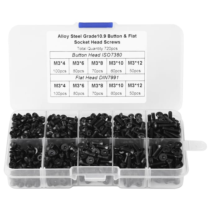 720 stuks M3*4681012 Zwarte Legeringsstaal Platte Kop Zeskant Schroeven met Plastic Doos