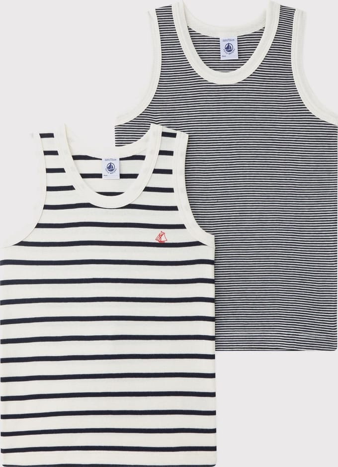 Petit Bateau Set van 2 gestreepte jongenshemdjes Jongens Onderhemd - Wit/Blauw + Blauw/Wit