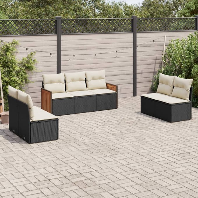 vidaXL - 7-delige - Loungeset - met - kussens - poly - rattan - zwart