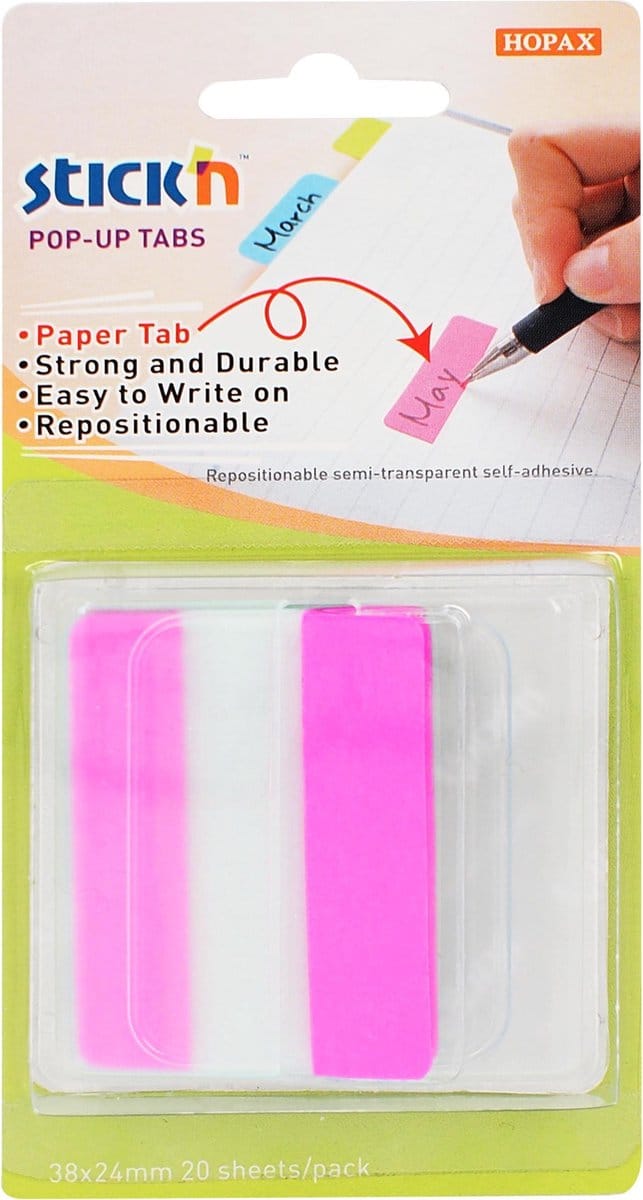 Stick'n Bladwijzers - Extra stevig - Sticky index tabs - 38x50mm - Roze - 10 tabs in houder