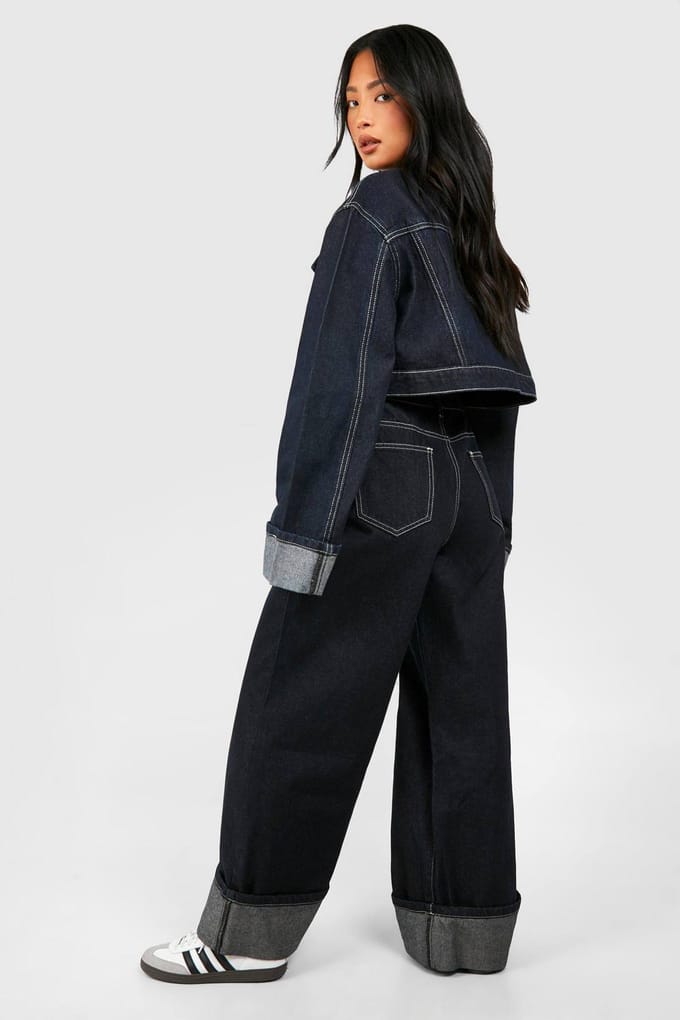 boohoo Dames Petite Turn Up Cuff Wide Leg Jeans | Indigo | Maat: 8