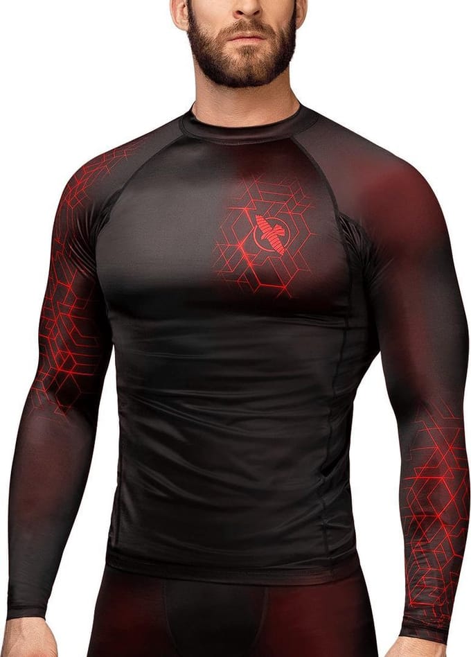 Hayabusa Geo Long Sleeve Rashguard - Zwart, Rood - maat M