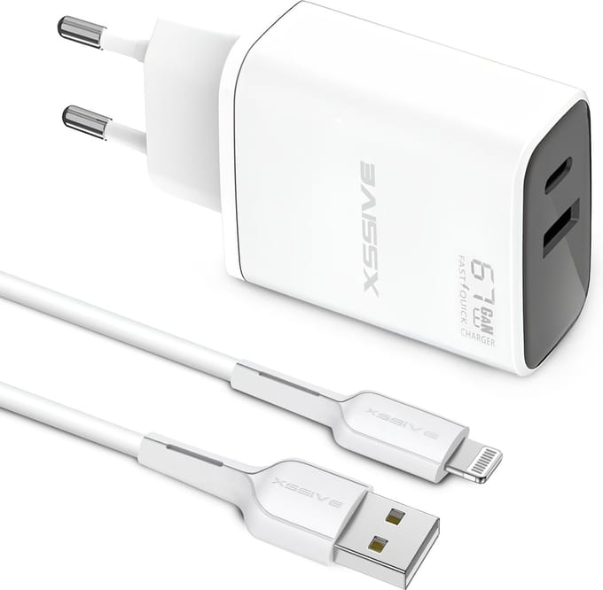 65W Oplader met 2 Poorten + Geschikt voor USB naar Lightning Kabel - 1 Meter
