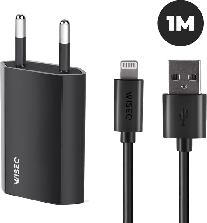 USB oplader geschikt voor iPhone en iPad - inclusief USB naar Lightning oplaadkabel 1 meter - zwart - WiseQ