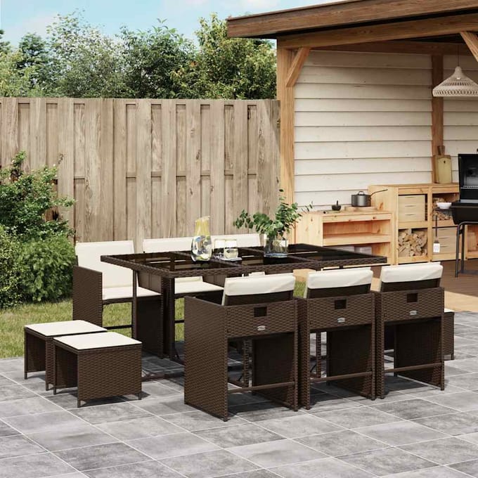 vidaXL - 11-delige - Tuinset - met - kussens - poly - rattan - bruin