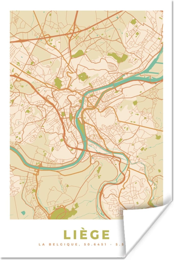 Poster Kaart - Stadskaart - Vintage - Luik - Plattegrond - 40x60 cm
