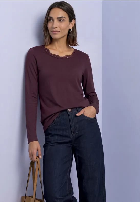 Shirt met lange mouwen, ronde hals en kant