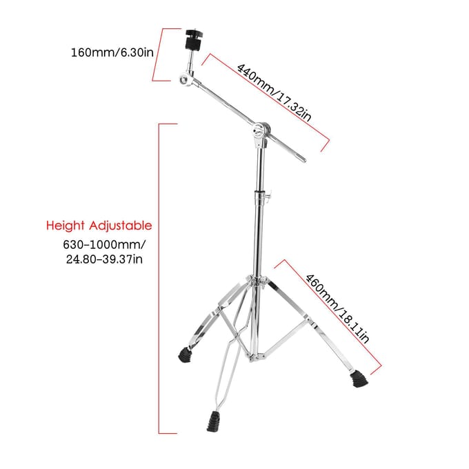 Support de cymbale droit et perche, pieds à double renfort, hauteur et angle réglables, kit de batterie argenté