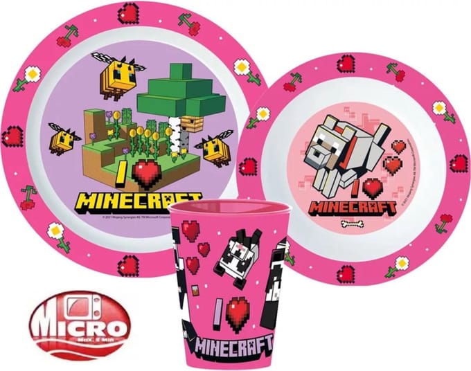Minecraft - roze - ontbijtset - beker, bord, bakje - 3 delig - kinderservies
