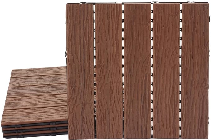 WPC-vloertegel MCW-E19, houtlook balkon/terras, 3D-structuur lineair ~ donkerbruin, 4x 50x50 cm = 1 m²