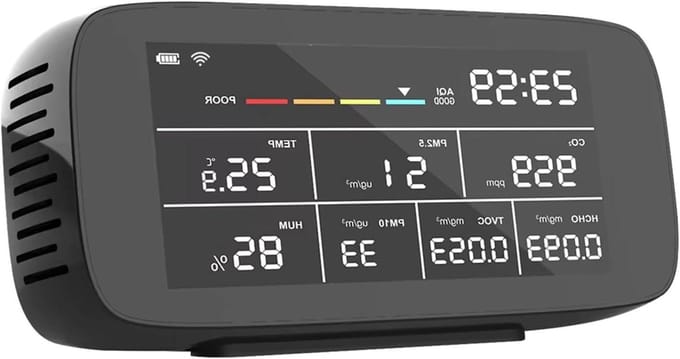 Luchtkwaliteit Detector - Gasmeter Sensor - Binnenlucht Meten - 9 Functies LCD - 188 x 42 x 88 mm - Zwart