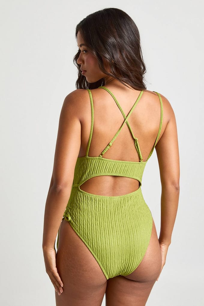boohoo Dames Gestructureerd Badpak Met Open Rug | Olive | Maat: 6