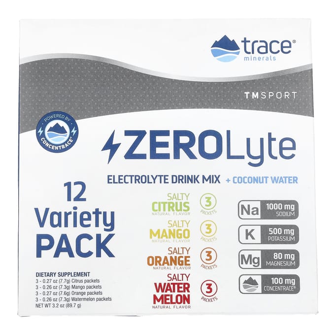 Trace, TM Sport, ZeroLyte, Mélange de boisson électrolytique + Eau de coco, Pack Variété, 12 Sachets, 3,2 oz (87.9 g)