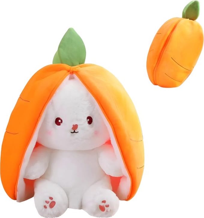 Dotti Bear & Friends - Konijn pluche Medium met oren in wortel met rits - 30 cm - opvouwbaar met ritssluiting
