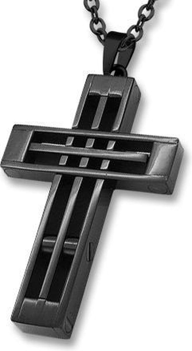 Amanto Ketting Djaro Black - 316L Staal PVD - Kruis - 50x30mm - 60cm