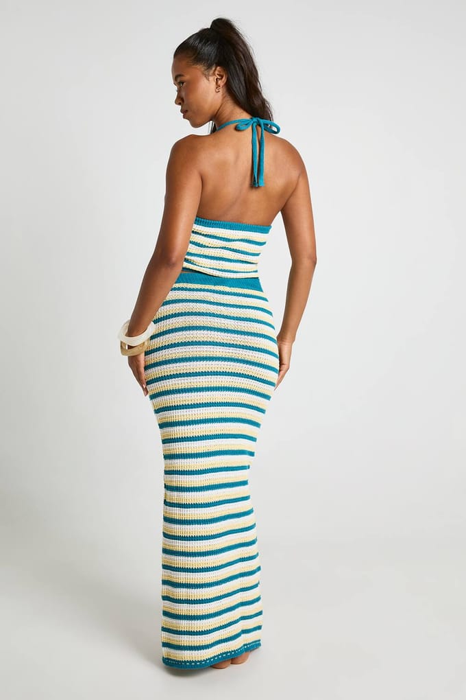 boohoo Dames Gestreepte Gehaakte Maxi Rok | Blauw | Maat: Large