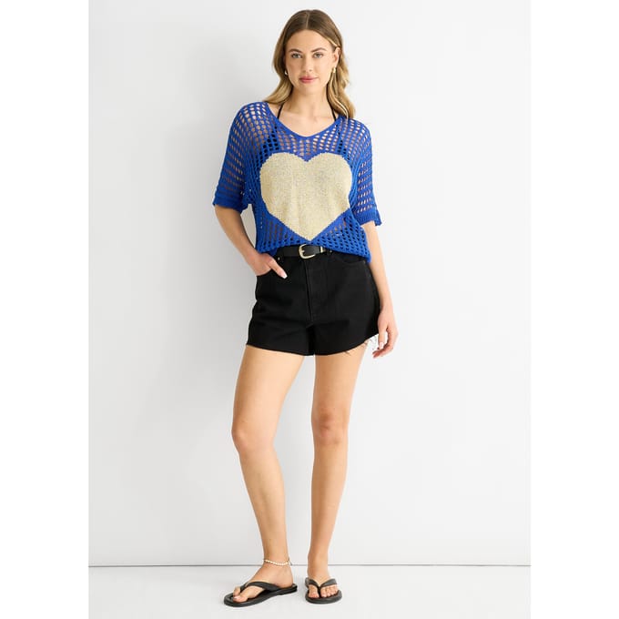 Blauwe visnet top met hartjespatroon, gehaakt