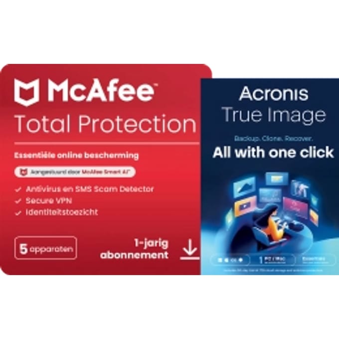 McAfee Total Protection | 5 PC | 1 Jaar + Acronis True Image Essentials | 1 PC | 1 Jaar