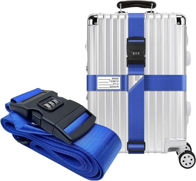 Robuuste en verstelbare kofferband met code, 1 kliksluiting, naamplaatje voor het beveiligen en identificeren van bagage (Blauw)