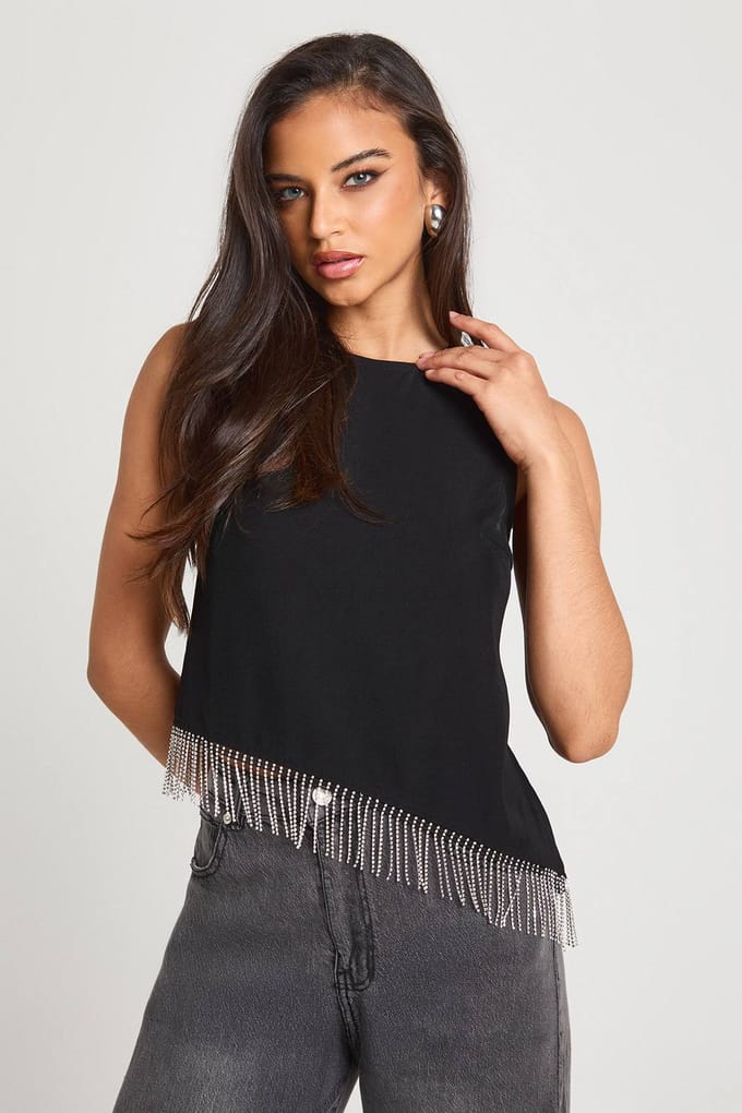 boohoo Dames Diamante afwerking asymmetrische top | Black | Maat: 6