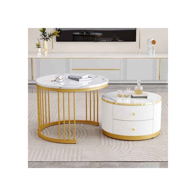 Table basse - MUVOE - Ensemble de 2 tables rondes - Blanc - Aspect marbre brillant - 2 tiroirs blanc