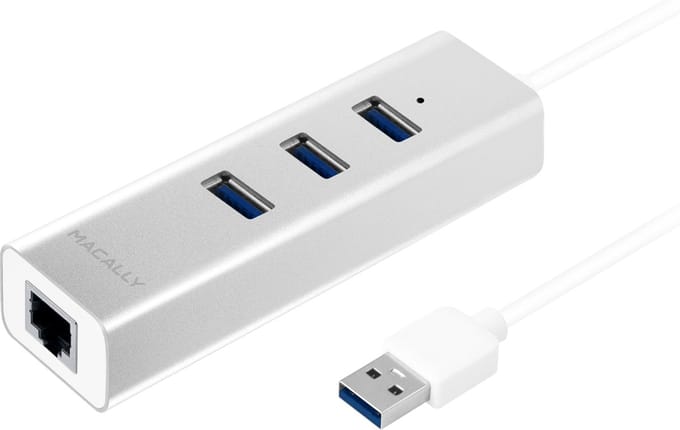 Macally U3HUBGBA USB-A 3.0 hub met drie USB-A poorten en Gigabit Ethernet adapter
